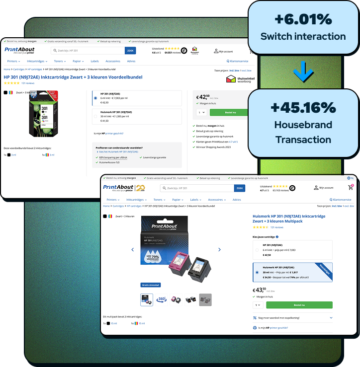 Side-by-side comparison of control and variant in a 2-column product detail page — redesigned by a data-driven UX designer to improve housebrand visibility.